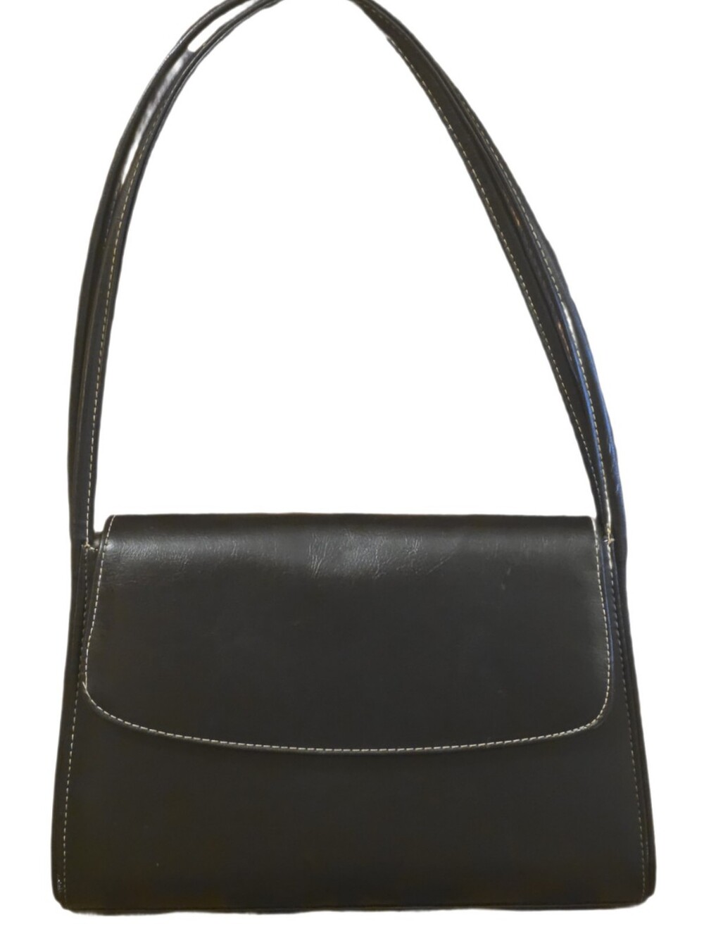 Vintage Black Vegan Faux Leather Minimalist Flap Shoulder Bag 90s East West